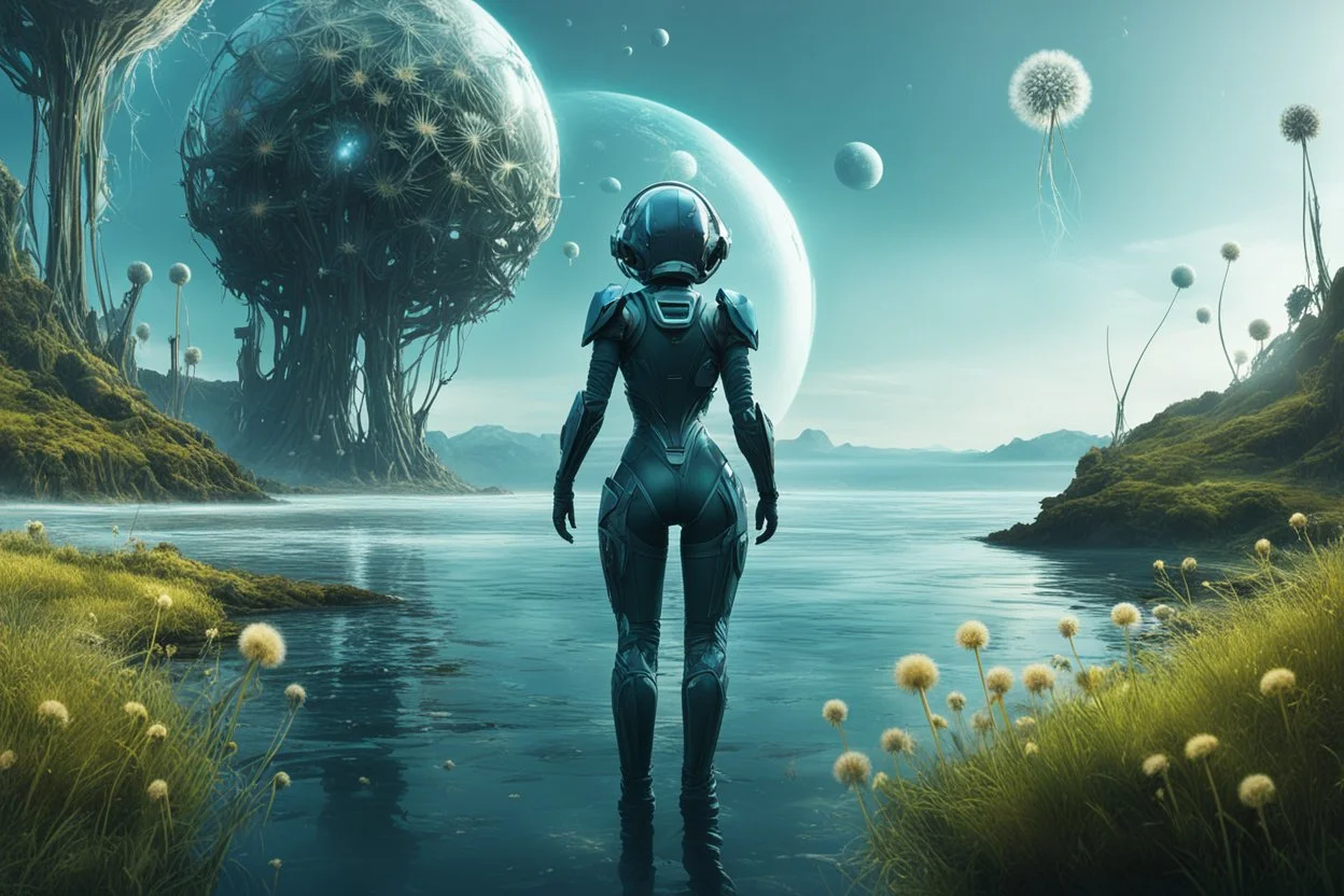 young woman in an android suit standing on the shore of an alien sea. Floating forests with dandelion tops in the distance