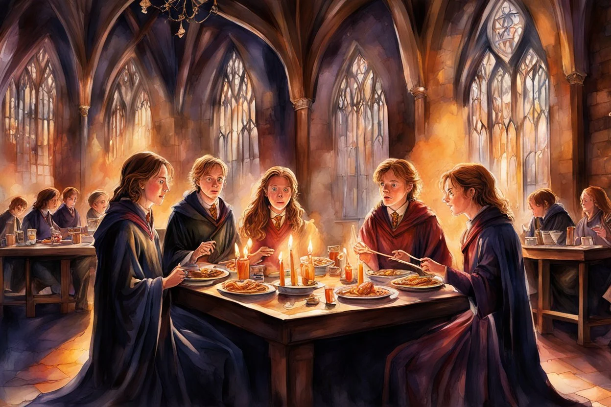 Hogwarts dining hall, Harry Potter and Hermoine Grainger and Ron Weasely share a levitating candlelit dinner in their school robes, Harry Potter universe, impressionistic watercolor, dramatic, darkly beautiful, elegant, volumetric lighting, cinematic, medium brush stokes,