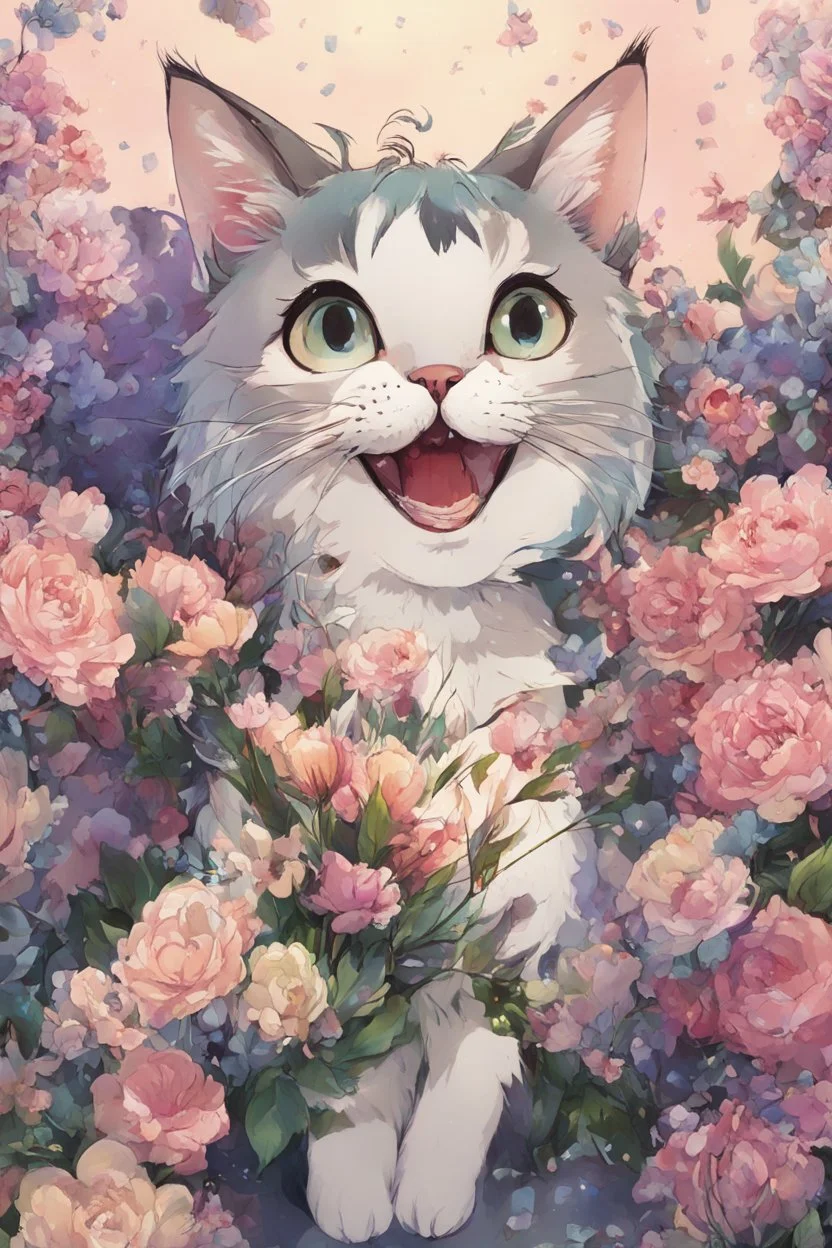 high resolution,best quality anime, highres,Full Body, 8k character concept,8k, pixiv, illustration, ultra-detailed, face focus,Line Art,Ink,acrylic painting,pastel painting,mysterious,elaborate,dof,Laughing cat with a bouquet of flowers,confetti of flowers, kawaii, thick eyebrows, smile, pastel colors, pop art, anime style, very delicate brushwork, clear, vivid, face Clear