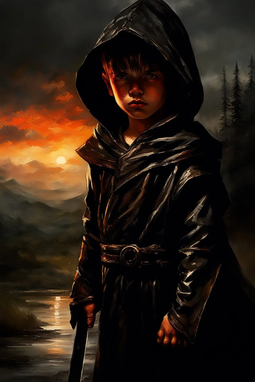 A formidable warrior-a 10-year-old boy in a black robe with a hood, on the background Amazing gloomy landscape, flooded with sunset, mountains, trees, fabulous scary hero, , juicy emotions, painting, dark fantasy, bad weather, gloomy day, dark world, by Raymond Swanland & Anna Razumovskaya & James Paick & Alyssa Monks