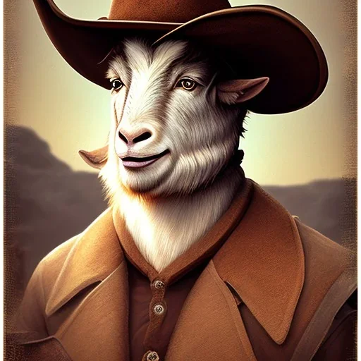 portrait of a western goat anthromorph young man with a cowboy hat in the style of redwall