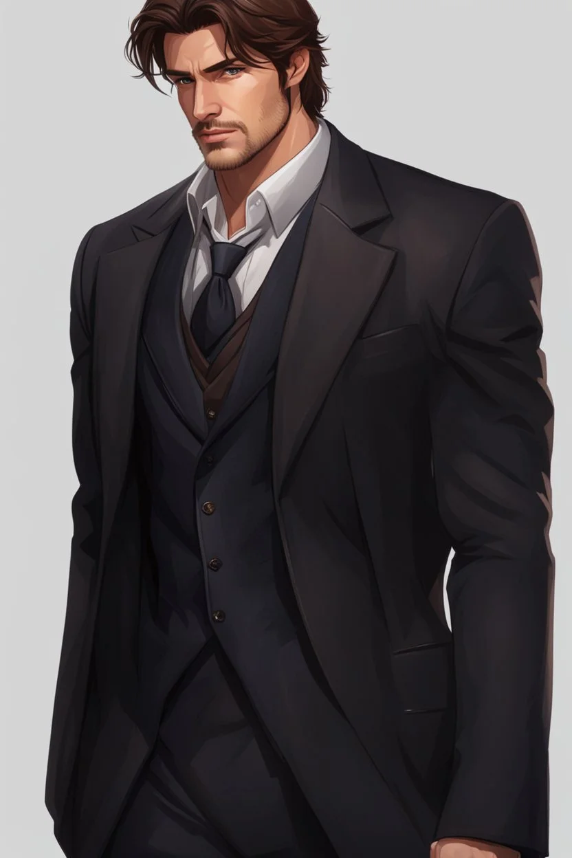 A white man, warlock in a suit, brown hair and brown eyes, fit and handsome. Realistic