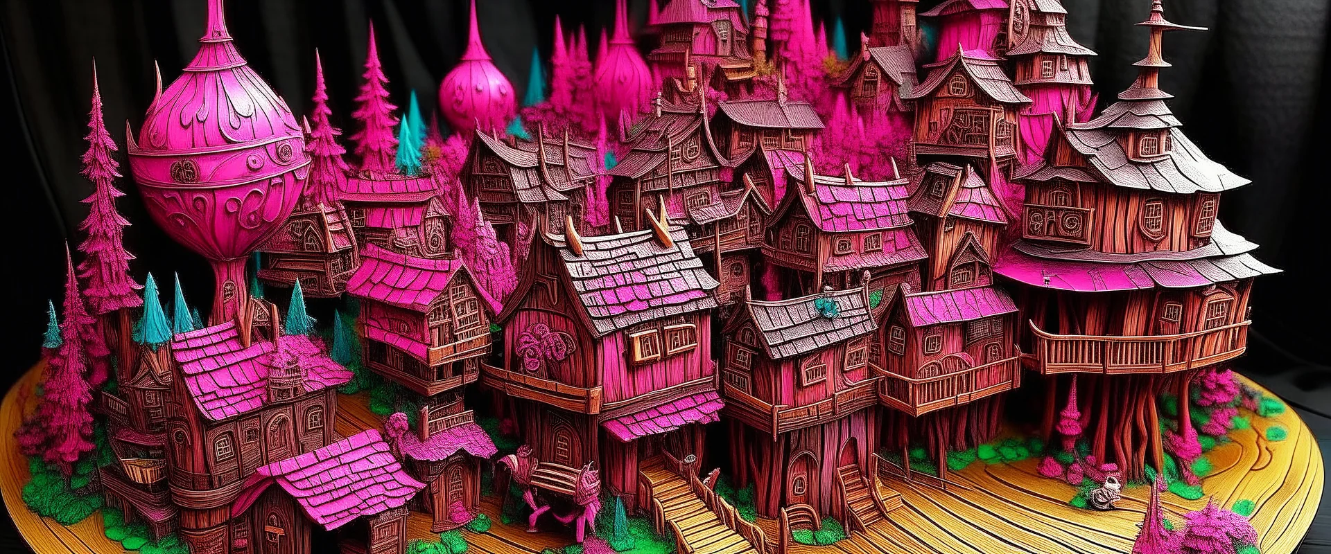 A magenta magical town made out of wood painted by Ivan Aivazosky