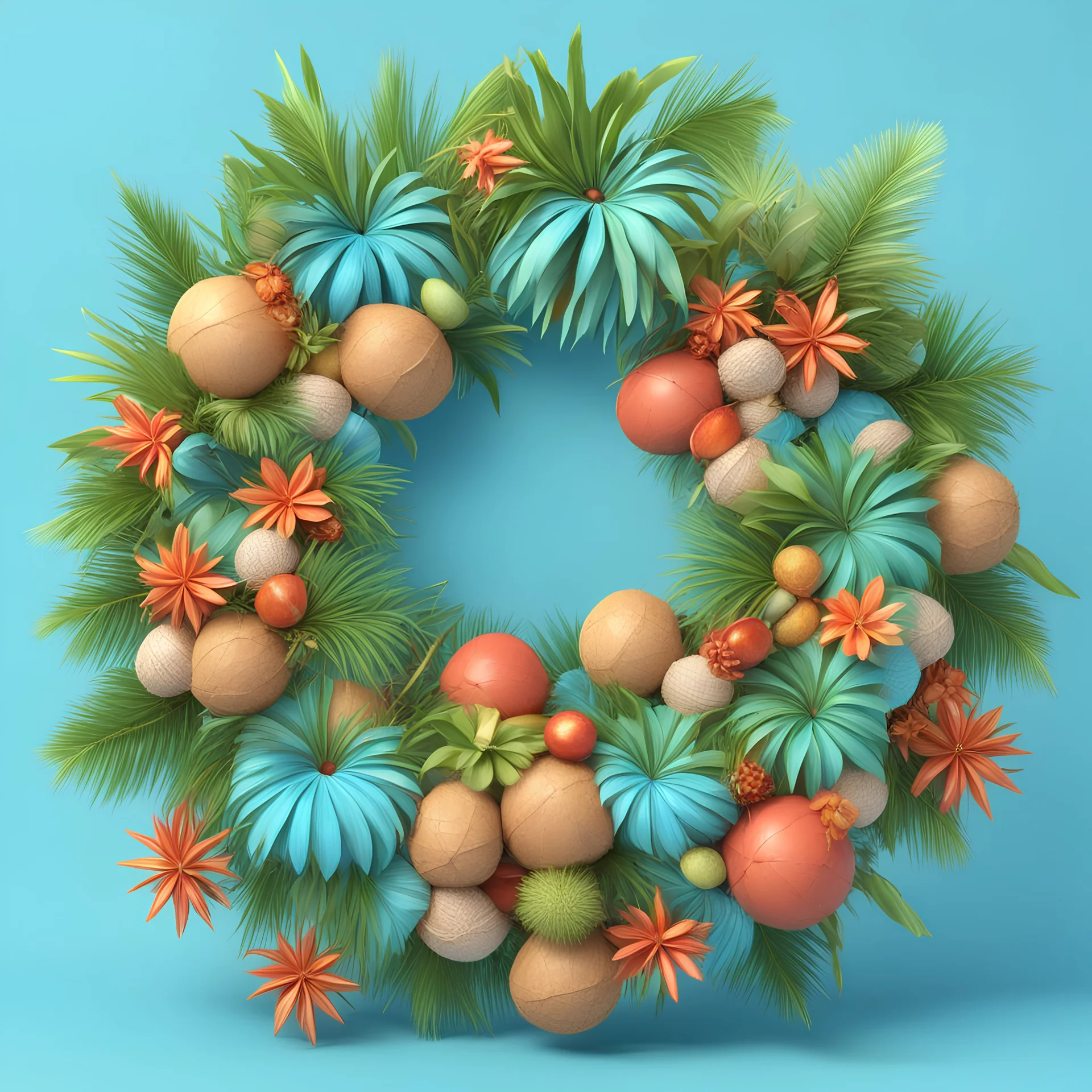 3D illustration of Hawaii wreath of decorations with small coconuts and a cute cocktail umbrellas a light blue background, illustration, smooth 3d digital art, exquisite thee-dimensional rendering, 4K, blender, c4d, octane render , disney style 3d light, Zbrush sculpt, concept art, Zbrush high detail, pinterest Creature Zbrush HD sculpt, neutral lighting, 8k detail