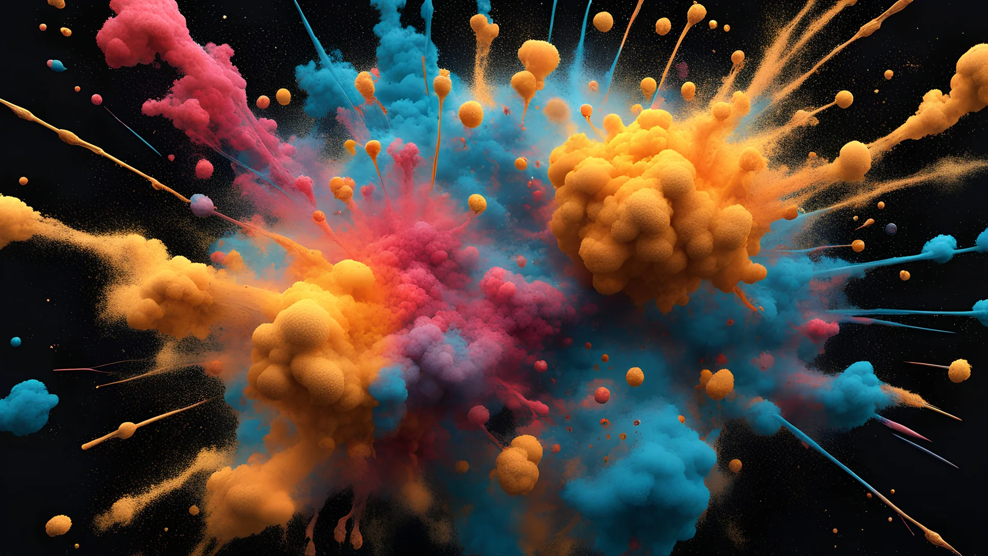 color powder explosion on black background, particles, fine detail, hyperrealism, james jean and jackson pollock and damien hirst, golden ratio, fractal, sharp focus, octane render, artstation, vfx