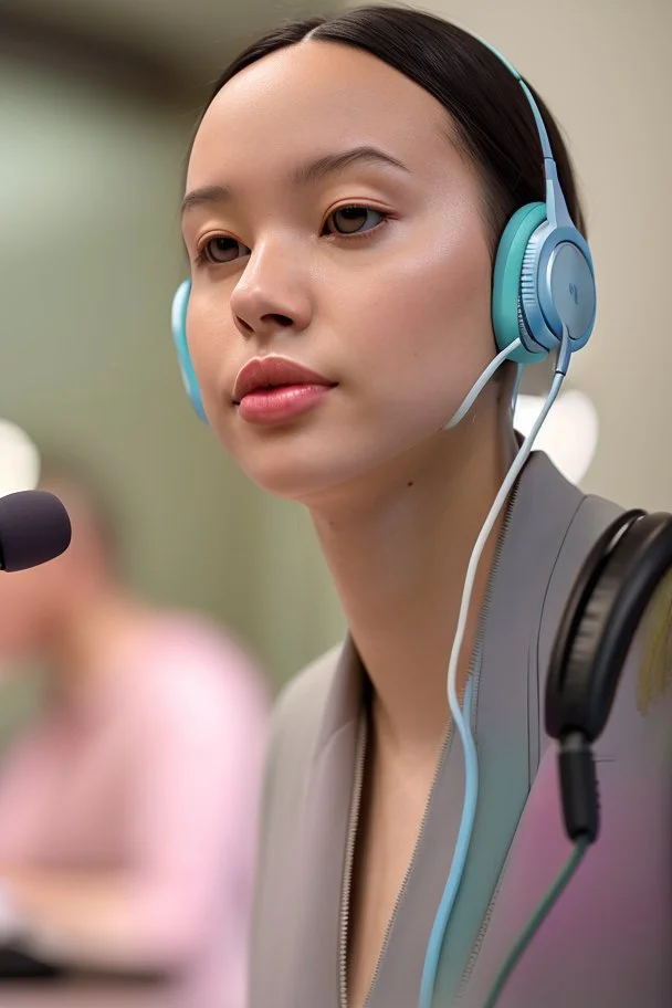 A simultaneous interpreter is sitting at a table with headphones with a microphone at a foreign briefing, the background is blurred, everything is in pastel colors,