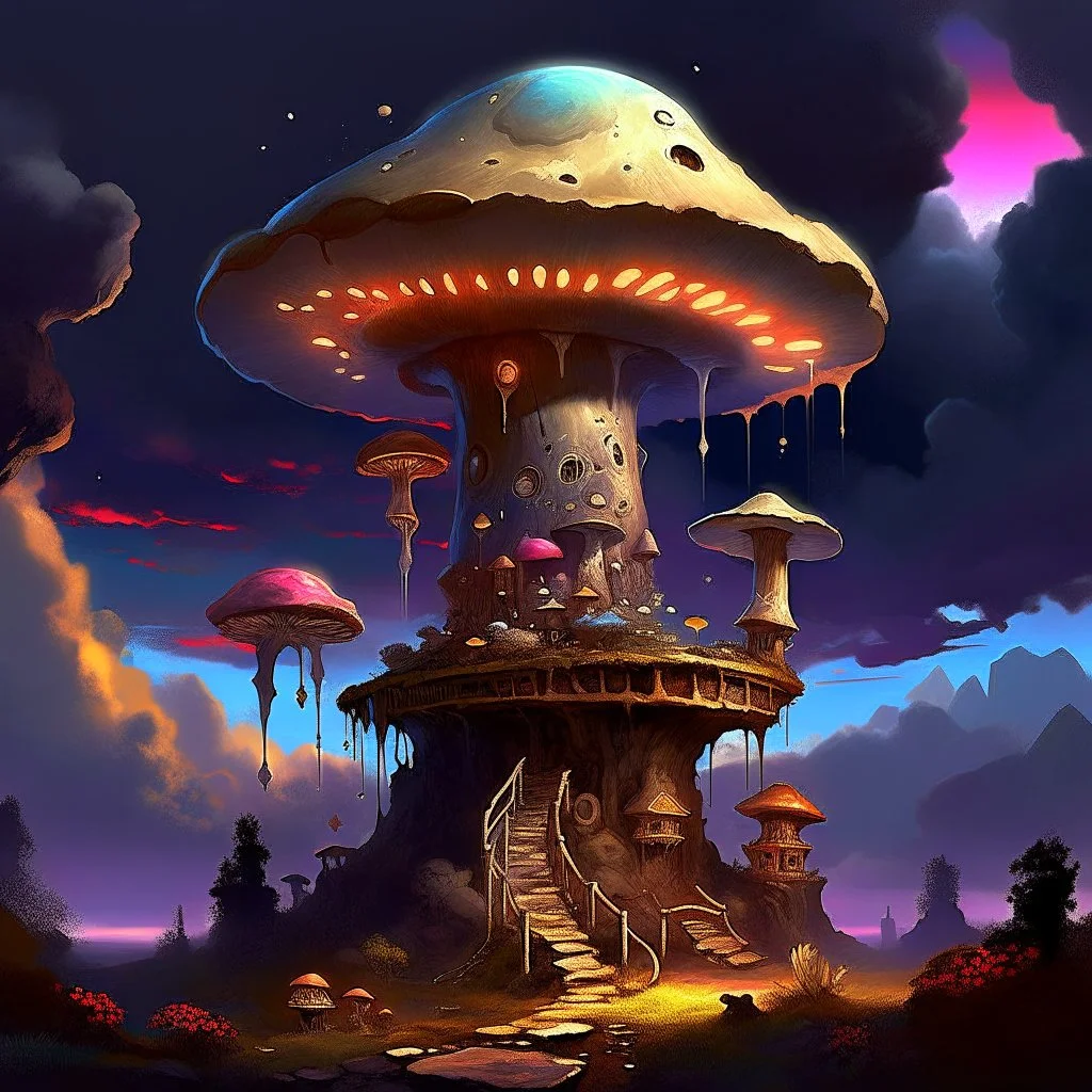 A fantabulous glowing, (((mushroom tower house))) erected atop a (tall geologic pillar), surrounded by uncanny imaginative ((( spiraling skies))), offset by the stark hues of a (nebulous space scape), . captured by the hand a skilled master painter with a focus on (softly textured compositions and voluminous lighting).