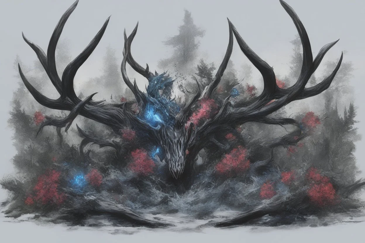 Venom Shadow symbiote in 8k realistic anime drawing style, Deer skull, non-eyes, blue neon crystal Antlers, dark snow forest, intricate details, highly detailed, high details, detailed portrait, masterpiece,ultra detailed, ultra quality