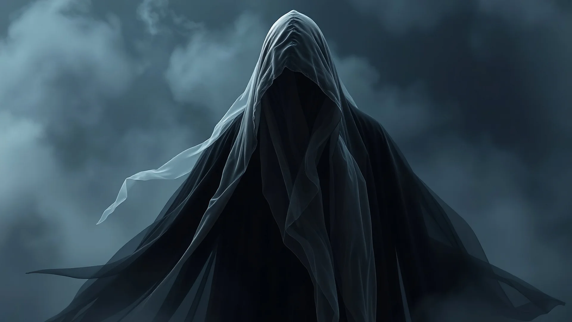 In a mesmerizing and ethereal manner, an otherworldly being emerges in the form of a translucent grey hood ghost. flowing smoky black robes. Forward facing