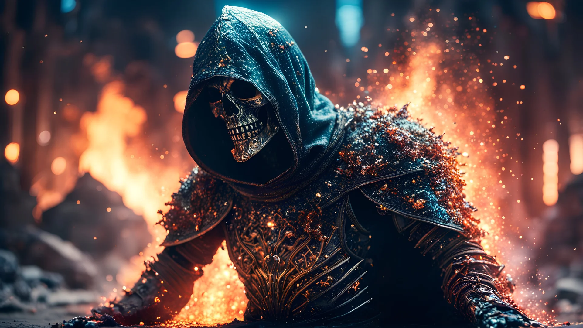 hooded marble knight covered with glowing crystals fighting against skeletons, fire particles in air, destroyed city, nigt, skeletons on ground, bright colors, glowing sparkle particles, dark tone, sharp focus, high contrast, 8k, incredible depth, depth of field, dramatic lighting, beautifully intricate details, clean environment, epic dynamic scene