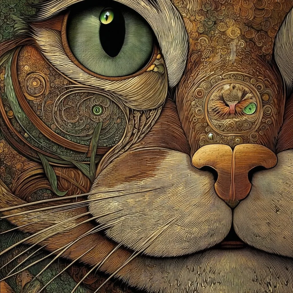 Detailed Surreal Portrait of cat with green eyes by Van Gogh in muted colors.