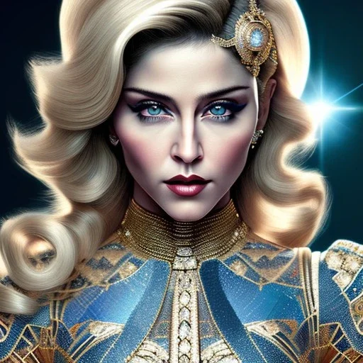 madonna, Cyborg warrior, light blonde hair, pixie hairstyle, cobalt eyes, waist up portrait, 8k resolution, intricate details, ornate details, soft lighting, vibrant colors, masterpiece, intricate eyeliner, dark eyeshadow, eyes, intricate tattoos, futuristic cityscape background