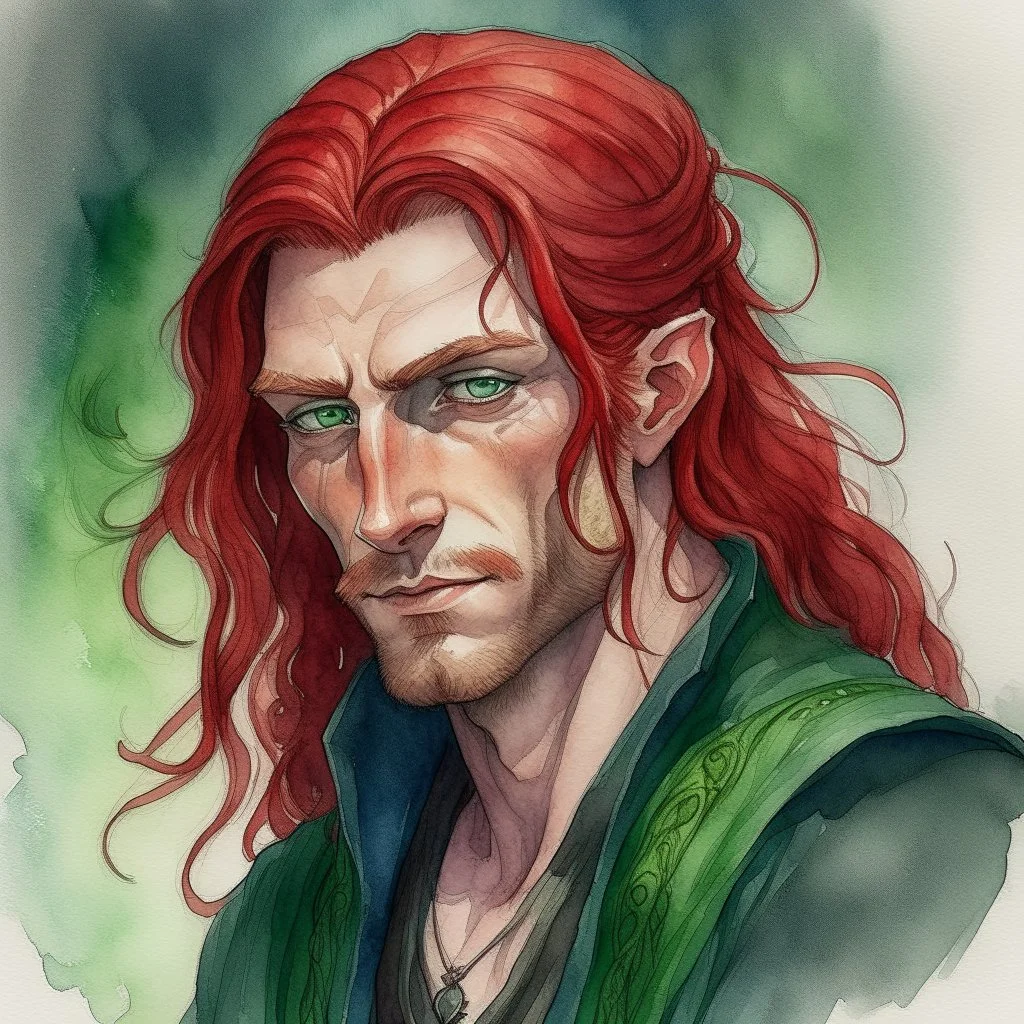 dnd, fantasy, watercolour, large strokes, stylistic, portrait, illustration, dull colours, male, face, narrow long face, weathered face, green eyes, determined, smiling, red hair, very long hair streaming down the shoulders, radiating light, five o'clock shadow, elegant