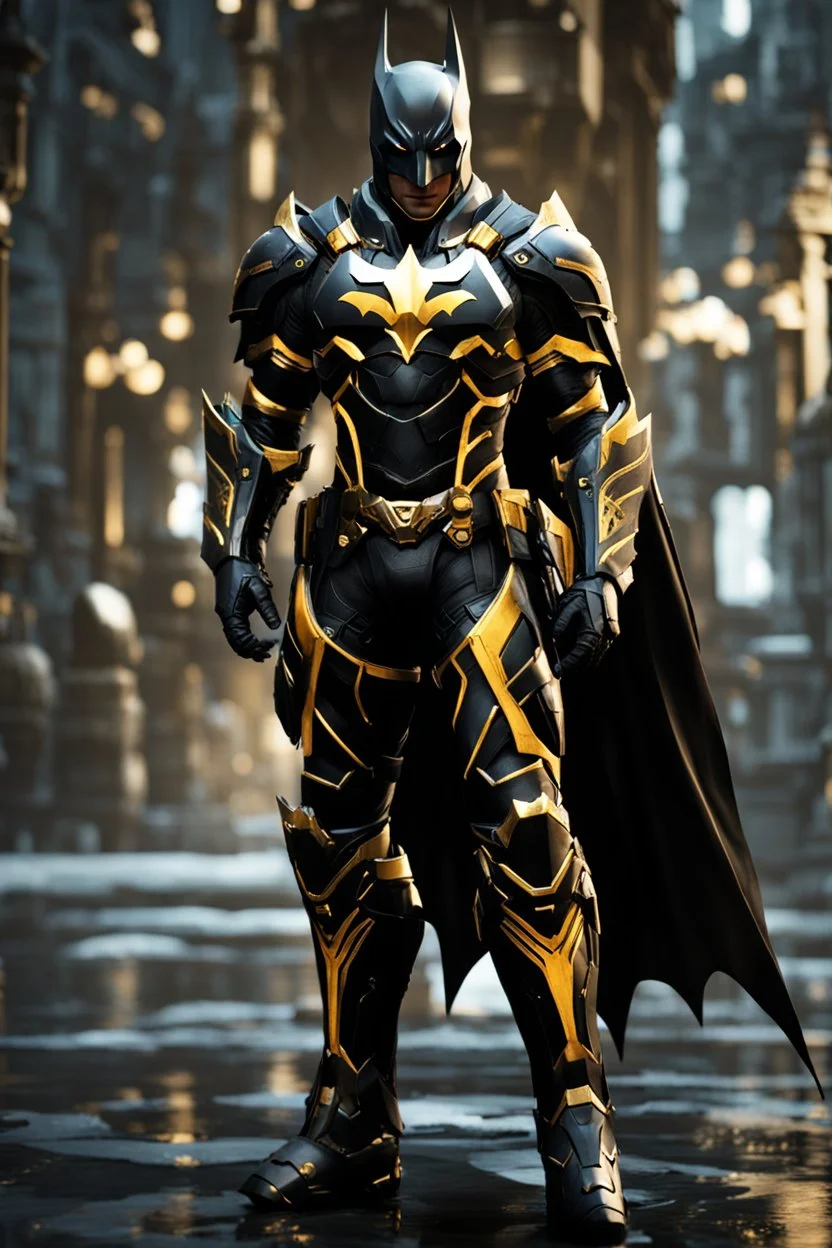 Full body Batman ultra advanced warframe with the whole and full body full armor with ultra sophisticated machine compagnon ultra high resolution and details,walk in street city bussy