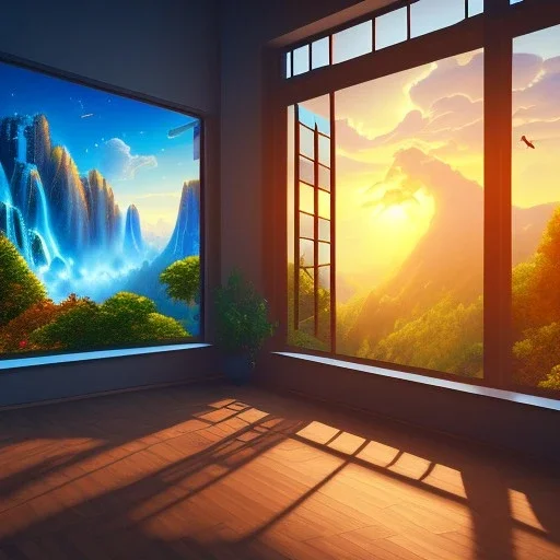 desk, parquet, sheet of paper, little pen, in front of a huge picture window with large view on a waterfall with warm light, sunset ,pixar style, panorama, nature, globe, HD, Hallelujah mountains