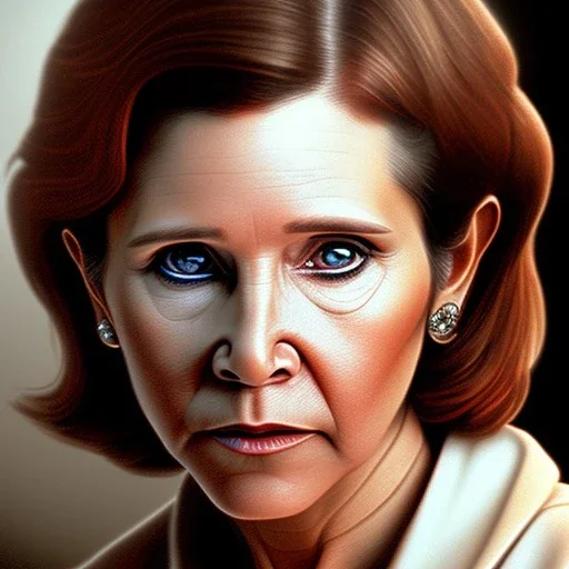 upper body photorealistic jedi carrie fisher in Star Wars, sharp brown eyes, photorealistic skin, dark brown jedi robe, cinematic lighting