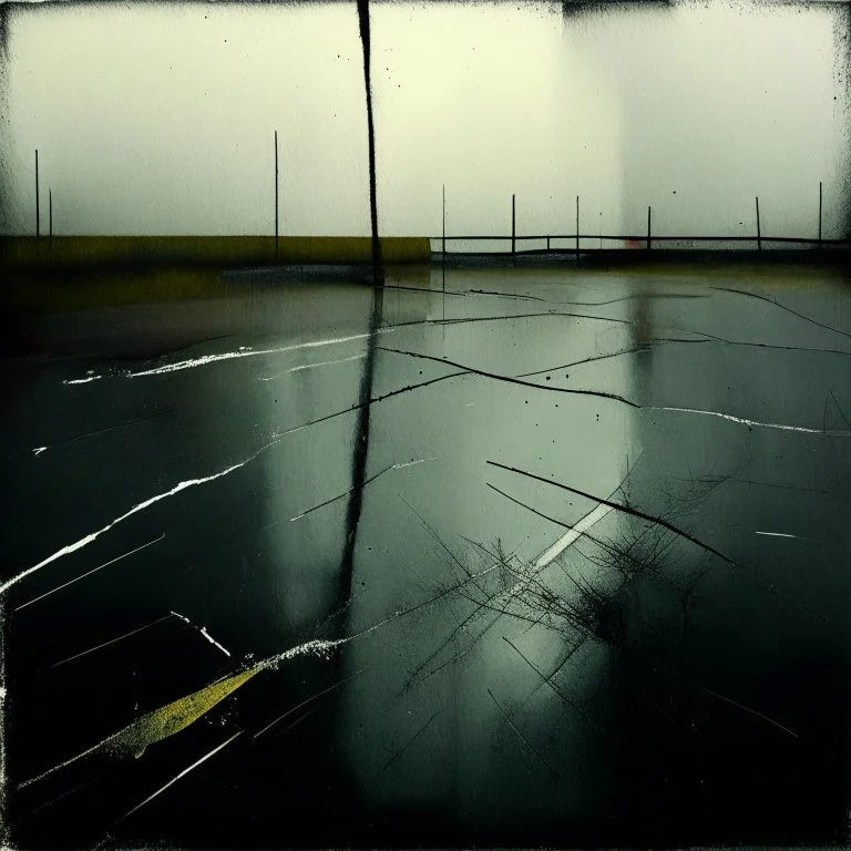 Minimal abstract oil paintings desolate 1960s carpark concrete fragments in a rain storm. style of Justin Mortimer and Francis Bacon. road markings.