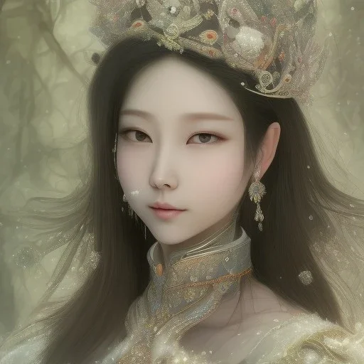 smooth hyper realistic, beautiful smiled Japanese goddess in crown, pale colors, dark cosmos background, cat еye, extremely sharp detail, finely tuned detail, ultra high definition, 8 k, unreal engine 5, ultra sharp focus, accurate sword wings, positive smile, lot of details, fit within portrait, Ambiance winter, perfect composition, perfect hair, perfect hands, finger up gestures