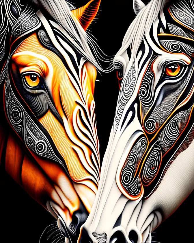 Horse symmetrical design symmetrical eyes symmetrical ear symmetrical frontal view ink art colours orange cream white and black hyper-detailed realistic 8k