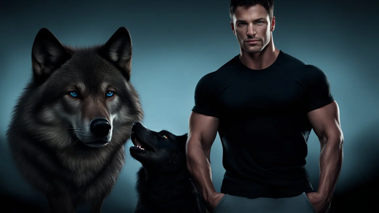 ultra realistic photograph of a muscular male with short dark hair and pale blue eyes wearing a tkg black teeshirt facing a large black wolf