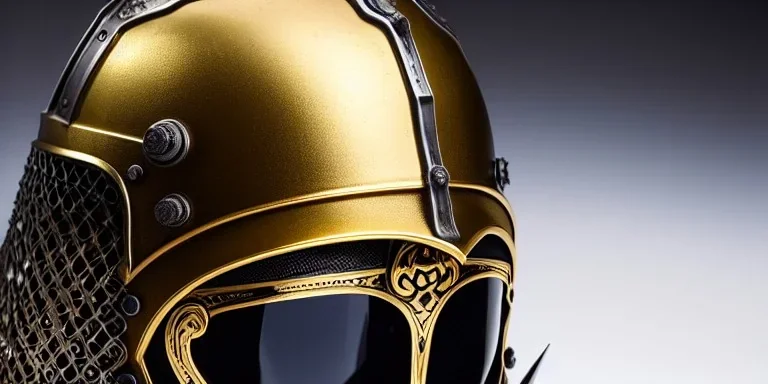 apocalypse, chaotic, magnificent, realistic, colorful, massive, epic, ray tracing, cinematic, 8k, HD, Ultra High Definition, photo film, film grain, hyper-detailed, old tarnished ornate rusty Hyper detailed Gold Gothic Medieval Knight helmet with opaque glass visor covering face and matching suit of armor, no face