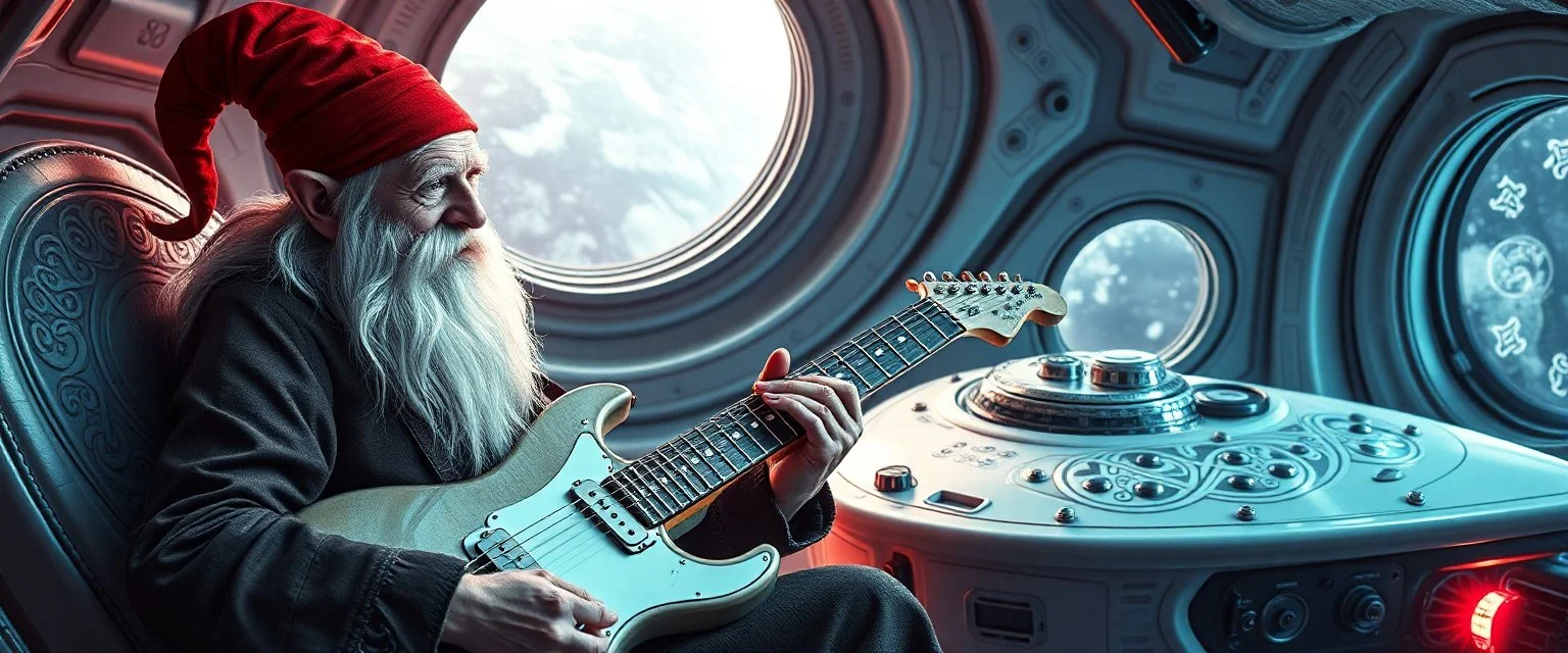 guitar acoustic banger, instrumental, celtic, georgian, gypsy jazz, back on track portrait of space captain gnome lich, , priest psycho, in cockpit, celtic knot hollow tube transparent core ornate indented space ship, shiny bright mega ship flourescent white blue like bubble gum with a few big windows and decks,