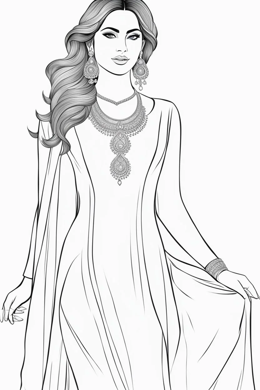 Coloring page for adults of a elegant fashion model woman wearing hindi dress, dynamic poses, full body portrait, thick and clean lines, clean details, no-color, no-turban, no-background, non color, non shading, no-grayscale, dynamic poses, full body portrait, thick and clean lines, clean details, no-color, no-turban, , non background, non color, non shading, no-grayscale, no color hair