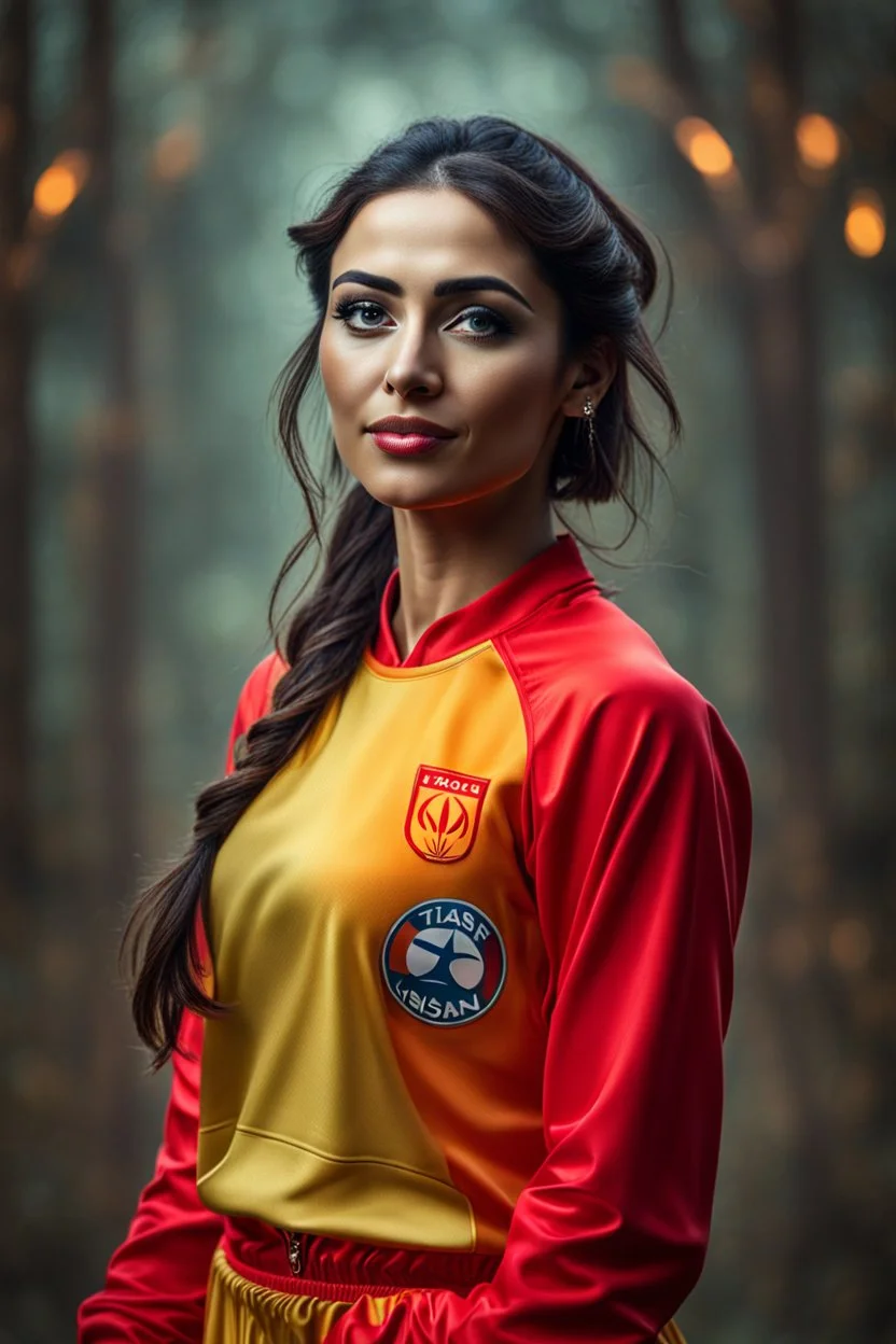 A full-body shot of a beautiful iranian lady wearing sports suit with this logo ,short hair