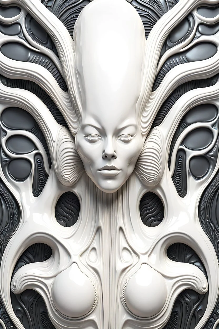 3d rendered organic white glossy plastic wall texture form inspired by HR giger, angel face , HR giger style, single objects, abstract, scientific, black solid background, octane render, 8k post-production, artstation: award-winning: atmospheric: commanding: fantastical: clarity: 16k: ultra quality: striking: brilliance: stunning colors: amazing depth