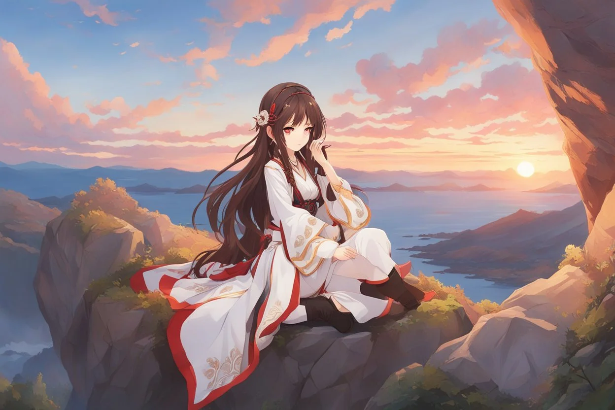 woman with long brown hair, red eyes, pale skin, highly detailed, intricate background, intricate face, sitting on a cliff during sunset, contemplative, anime style, Genshin Impact inspired, wears a Genshin Impact pyro vision amulet, dynamic composition