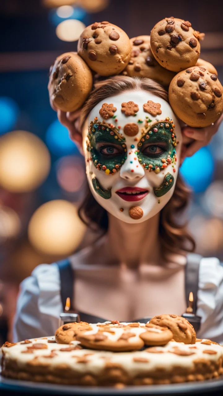 portrait of horny cute woman with cookie mask, baker of the highest many storied advanced art cake sculpture during a casino game show, bokeh like f/0.8, tilt-shift lens 8k, high detail, smooth render, down-light, unreal engine, prize winning