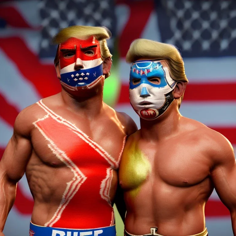 Realistic image of Donald trump wrestler, Mexican wrestling style, Mexican wrestling mask, chin and nose visibles, red and blue breeches, glow us flag dress, suspenders, retro style, 80s, vibrant color, highly detailed, sky background, concept art, unreal engine 5, god rays, ray tracing, RTX, lumen lighting, ultra detail, volumetric lighting, 3d, finely drawn, high definition, high resolution.