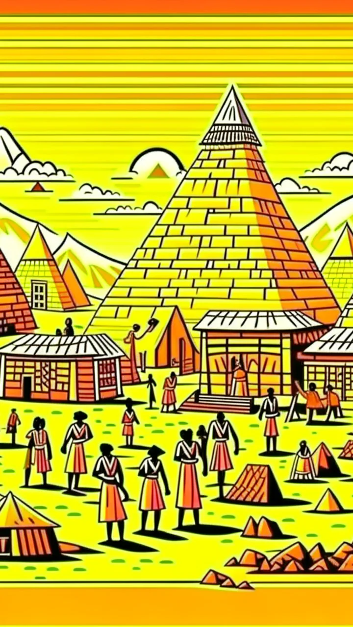 Ancient pyramids with homes around. African men and women buying and selling goods