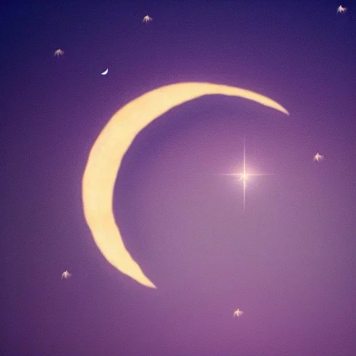 Two large crescent moon with shiny stars, hazy, tilt shift blur, high definition, 8k, beautiful, night, fog, stars, detailed warped, water droplets, bat shape silhouette