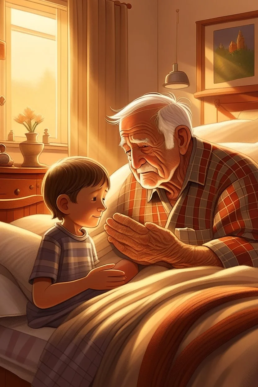 A warm and cozy scene where a doting grandfather shares a bed with his enthusiastic grandson, their faces relaxed in the glow of a comforting morning sun