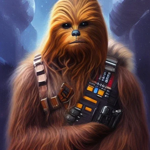 photorealistic and intricate portrait of chewbacca in star wars by Charlie Bowater, wearing beskar armor, deep dark colors, hyperdetailed, 32K, oil on canvas,