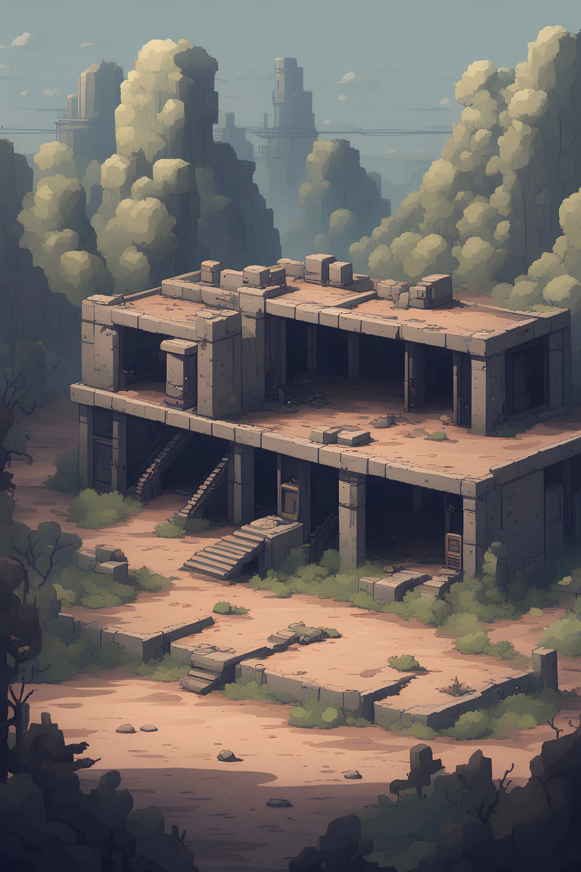 2d pixel art environnement, old abandonned humane military base.