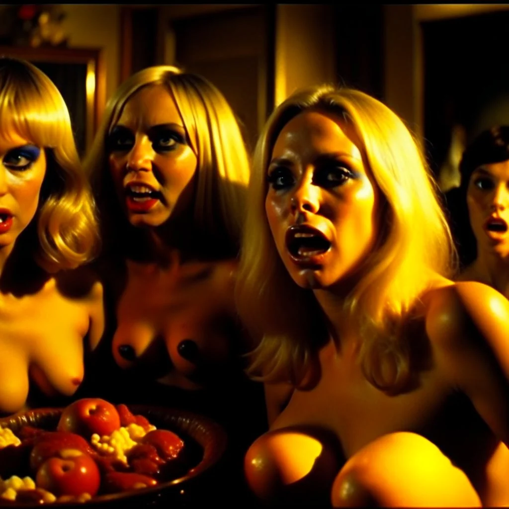 Horror movie shot, hot, ultra realistic, dine, horns, ultra chaos, realistic hot blonde women, party, pieces of meat, organs, hot dynamic, very excited people, hypermaximalist figures, light, 1970's Italian horror movie, sinister,, Dario Argento, Stanley Kubrik, ornate, 4k, photorealism