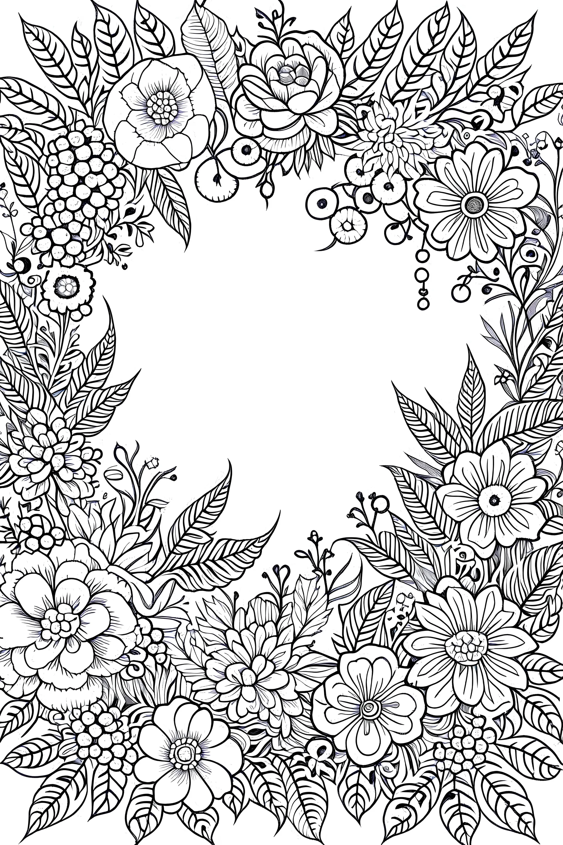 black and white beautiful thin frame made out of flowers for coloring pages, use a lot of florals in the frame, go all the way to the edges for the frame and leave a lot of space in the middle of the page, use only black and white, clear crisp outlines, no black background, go all the way to the outer edges of the page, use more space in the center of the page, make it rounder, use less shading, use more space in the center of the page, widen the frame, open up frame, more flower