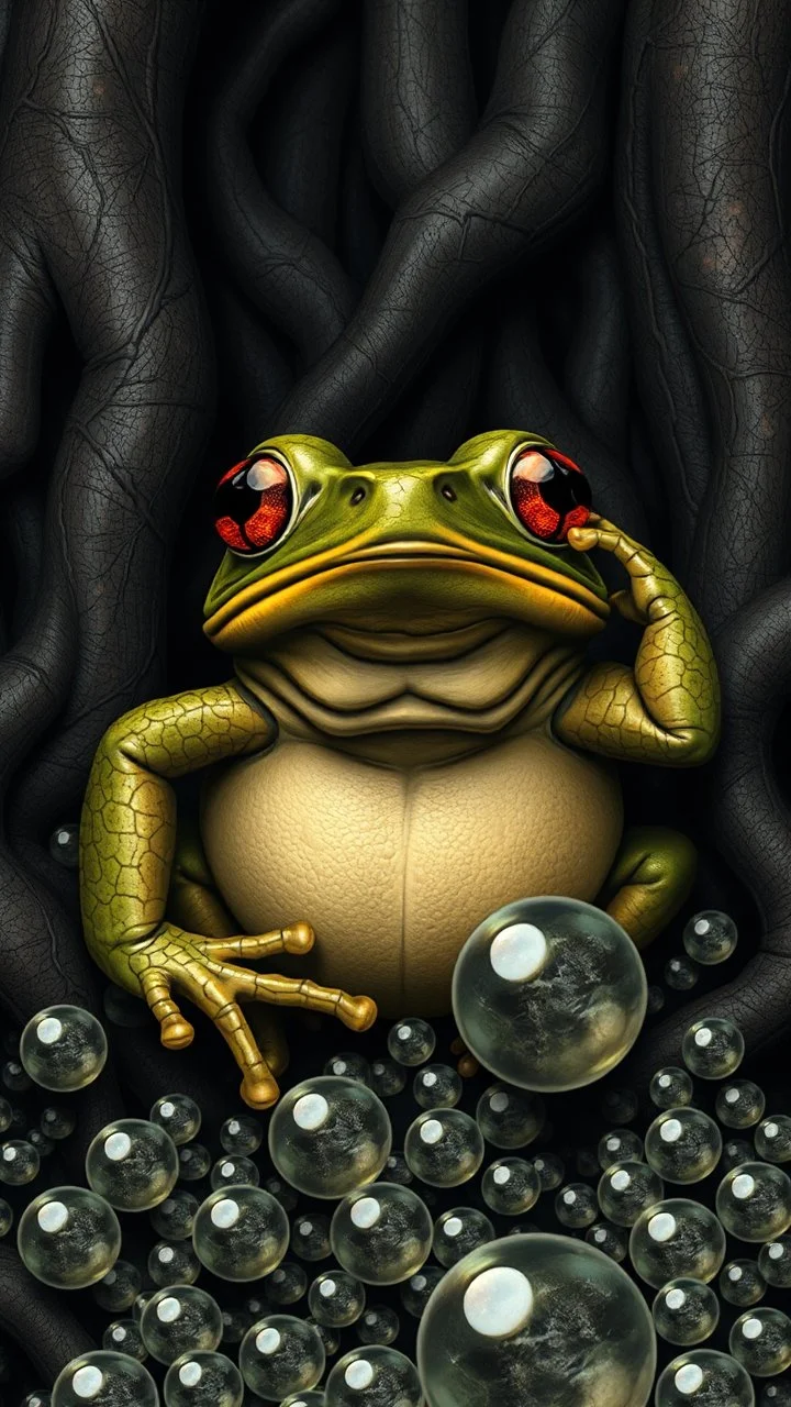 Giant frog background of black vein, human veins, mixing together a lot of them, like a forest, big and small veins a lot of them, crystal balls