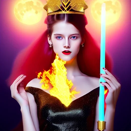 Attractive young teenage girl with golden fire red hair wearing a gold tiara, who is dressed like a witch casting a spell holding a witch’s staff, she has cat ears and open dazzling blue eyes, background is realistic space with a moon, the girl is on a planet, black black girl dress, full body portrait, arm colors gradient effect into stars, rendered, unity 3d, unreal engine, dslr, hdr, 4k, edited, photorealistic, normal number of appendages, freckles, artists render