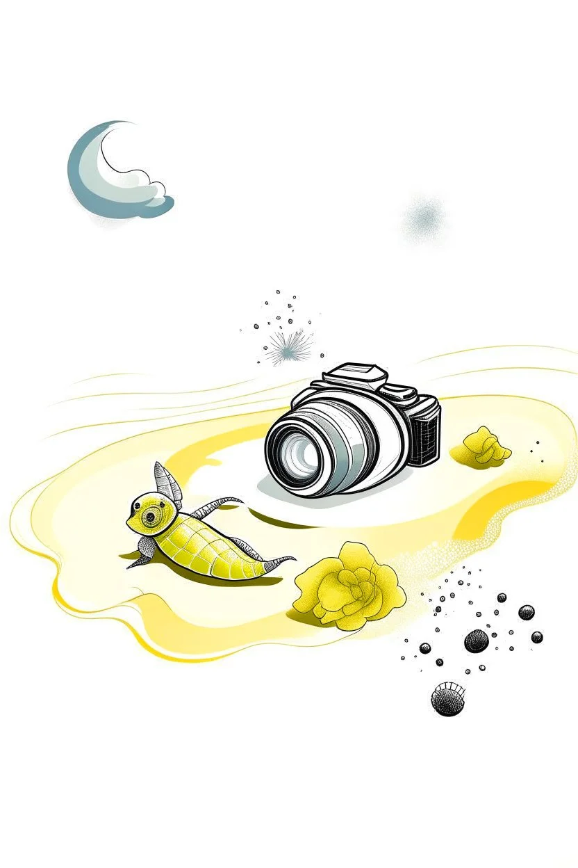 A disposable camera lies abandoned on a sandy beach, partially buried in the grains. A playful sea turtle swims past in the clear water, leaving a trail of bubbles in its wake. Style: Whimsical, Mood: Playful, Lighting: Bright midday sun with a warm glow, T-shirt design graphic, vector, contour, white background.