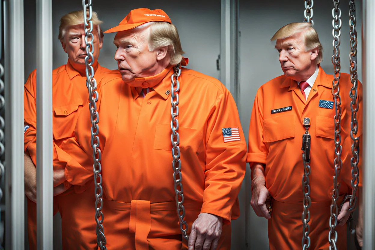 Foto Vladimir Putin und Donald Trump beide in orangenfarbenen Gefängnisoveralls und in Ketten