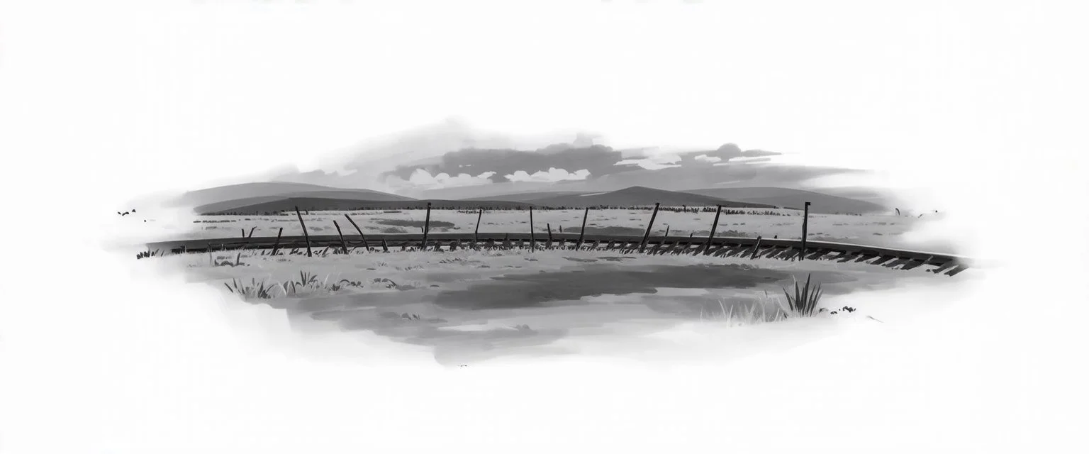 sideview of old western railway track, overcast sky, fields in background, illustration from photo reference, add detail and realism