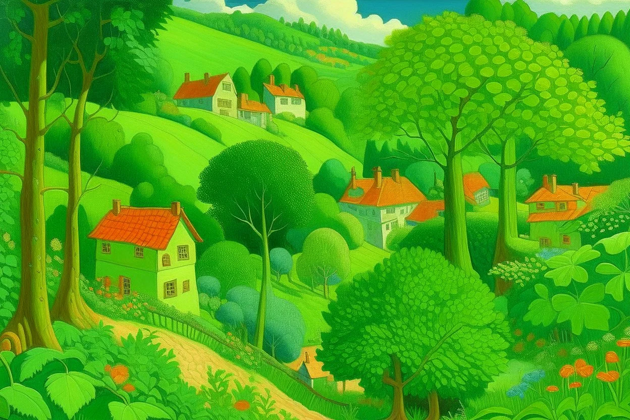 A green village covered in nature and foliage painted by Paul Ranson