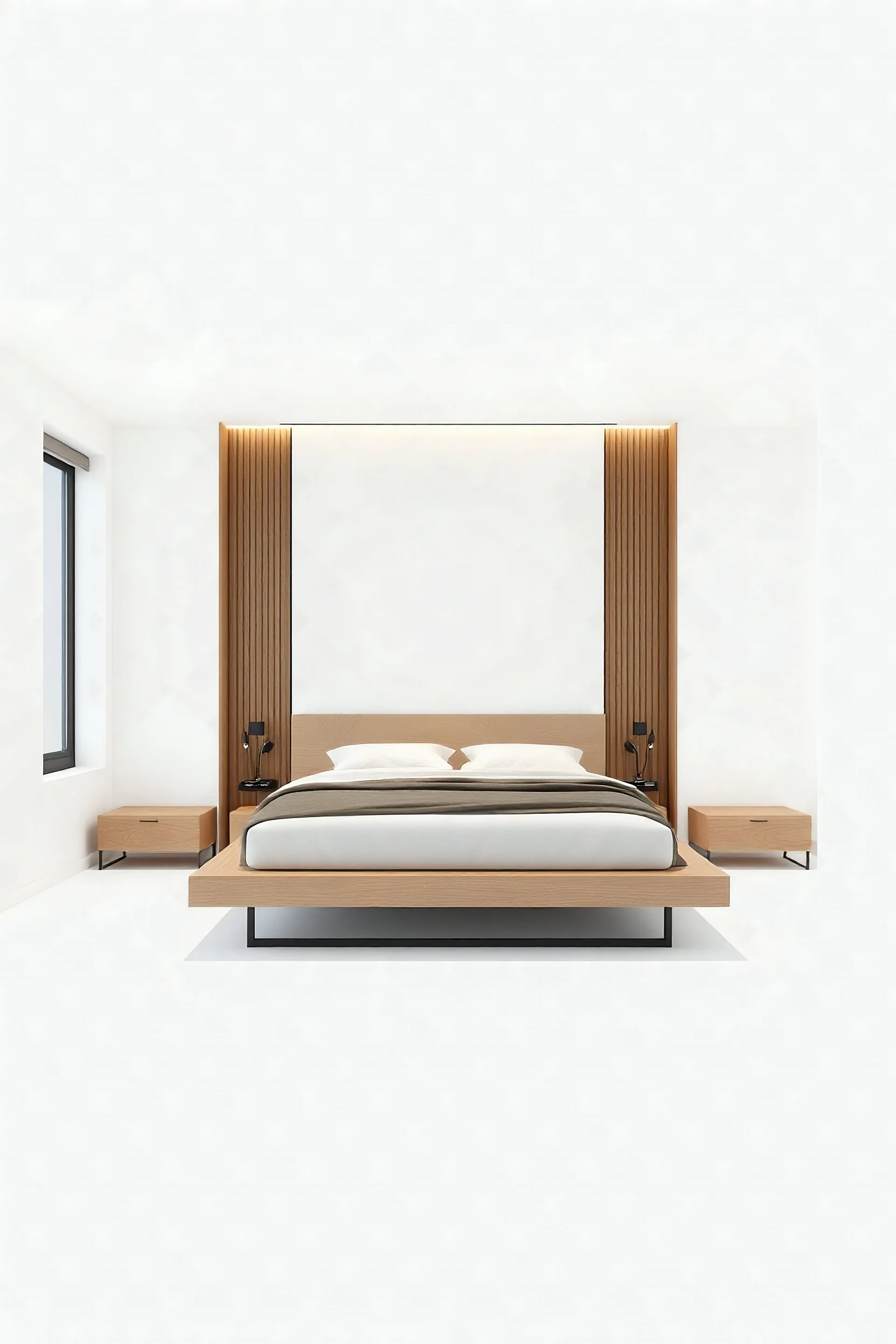 3D Render of a minimalist bedroom with a platform bed, low-profile, floor plan, on isolated white background