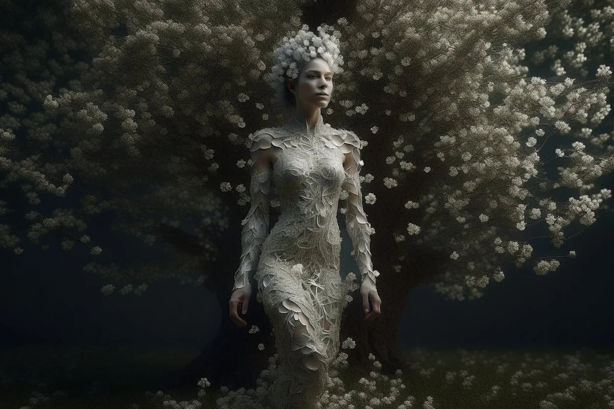 full body shot of a young woman covered in tiny white filigree leaves, emerging from a summer tree, detailed matte painting, deep colour, fantastical, intricate detail