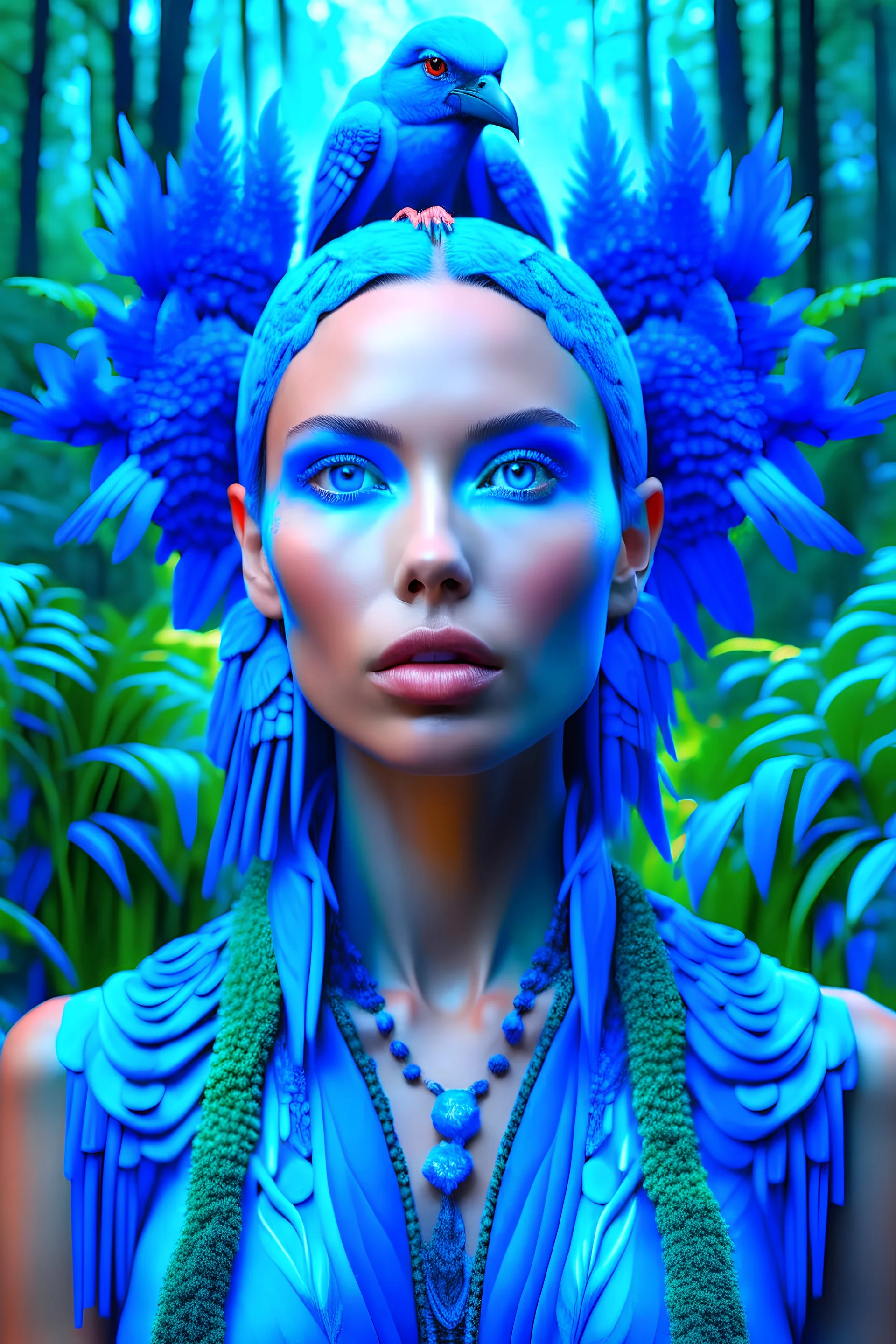 fashion photography portrait of blue human avatar, in blue lush jungle with flowers and birds, 3d render, cgi, symetrical, octane render, 35mm, bokeh, 9:16, (intricate details:1.12), hdr, (intricate details, hyperdetailed:1.15), (natural skin texture, hyperrealism, soft light, sharp:1.2)