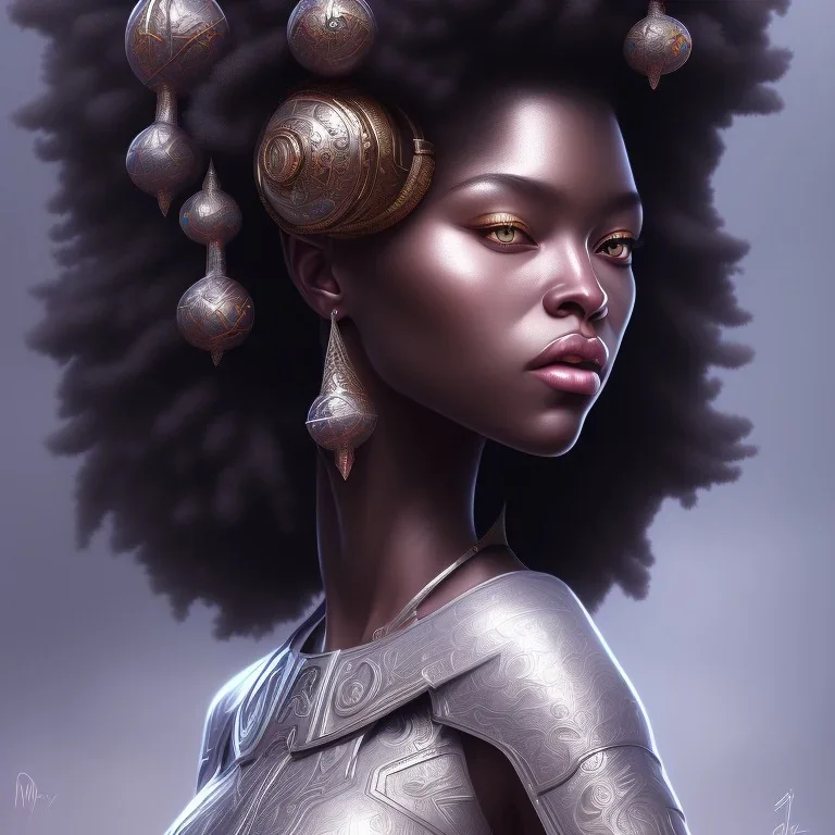 sango fantasy, fantasy magic, intricate, sharp focus, illustration, highly detailed, digital painting, concept art, matte, masterpiece head sexy African beauty black afro hair space lady silver space