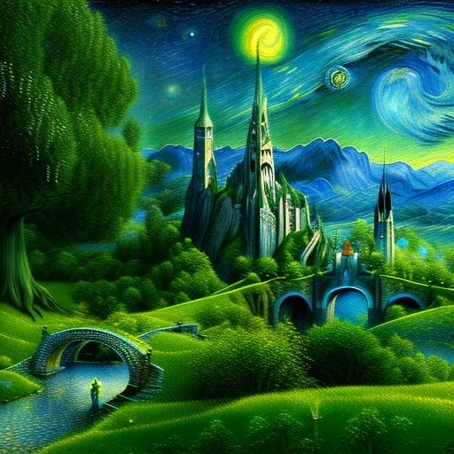 Epic Drawing of scenery of The LOTR estilo Van Gogh 4k